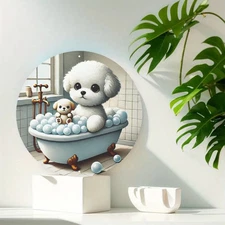 2D Flat,2D Flat Retro Puppy Bathtub Round Aluminum Wall Art- 8x8inch,Cute Cartoo