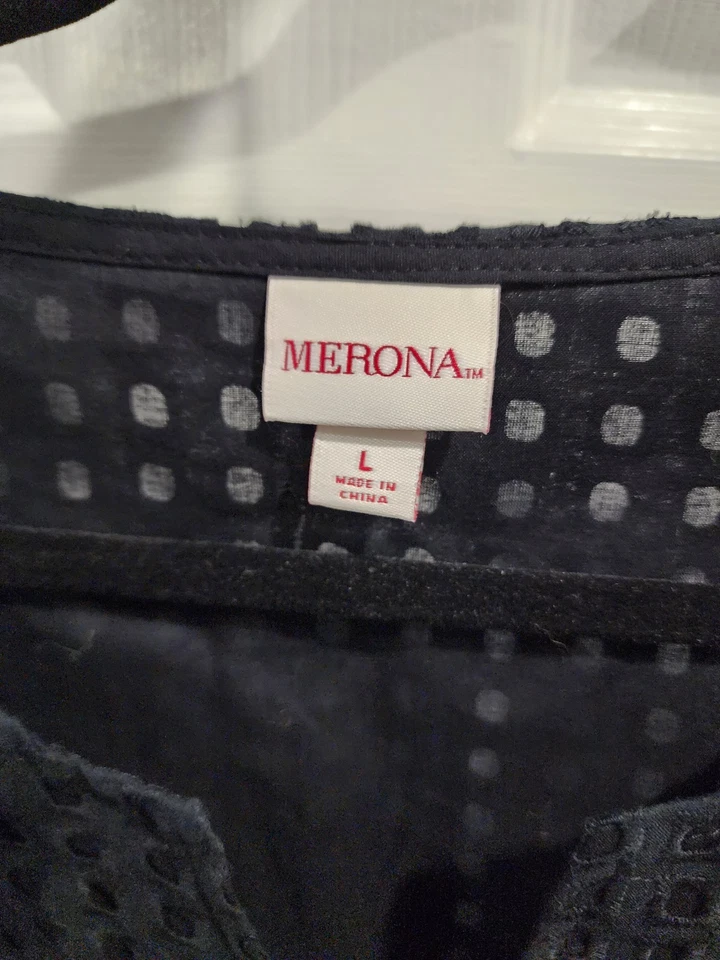 Merona 女式黑色 100% 棉 V 领短袖及膝连衣裙 L 码 — 第 2/4 张图片