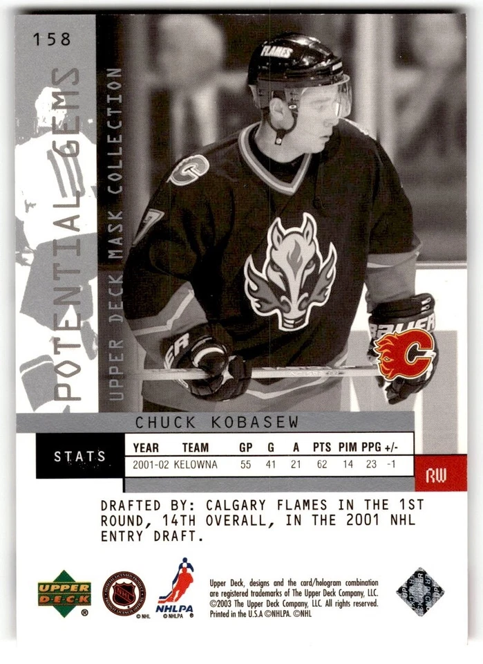 2002-03 Upper Deck Mask Collection Chuck Kobasew Rookie /1250 #158 Calgary - Image 2 of 2