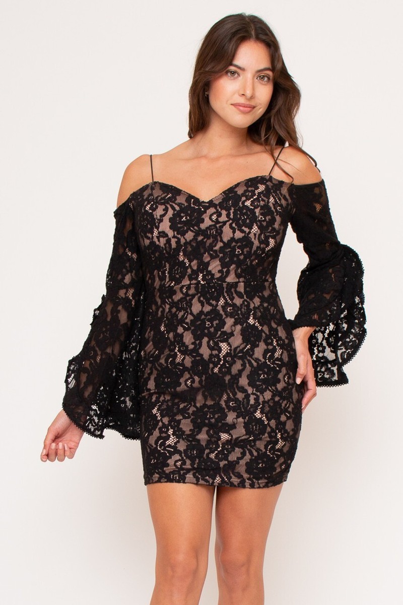 Black Laced Mini Dress With Off Shoulder Bell Sleeves | eBay
