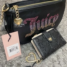 Juicy Couture Purse + Card Wallet Lot Black Bling Shoulder Bag Liquorice NWT