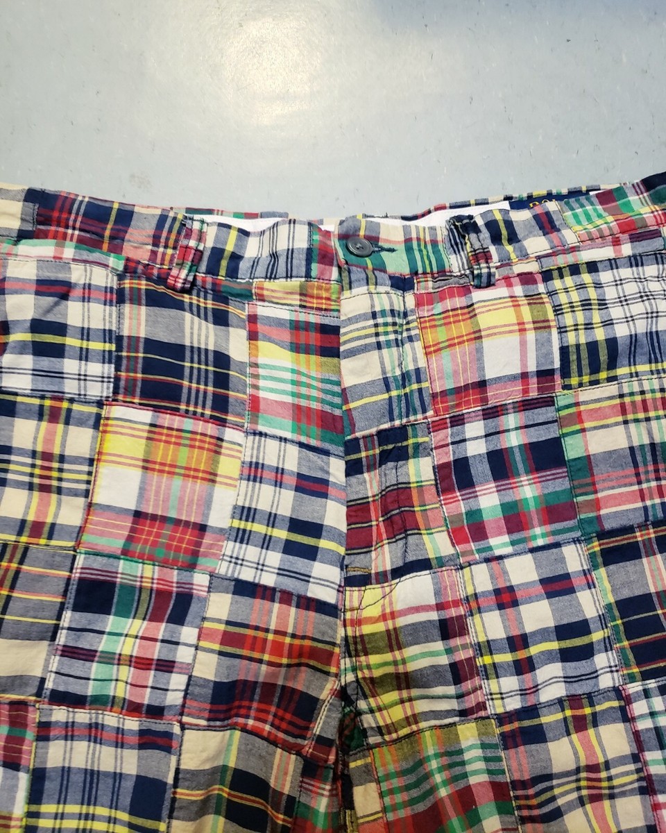 NEW POLO Ralph Lauren Plaid Patchwork Shorts Red White Blue Sz 35
