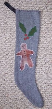 PRIMITIVE HANDCRAFTED GINGERBREAD MAN & HOLLY APPLIQUED WOOL STOCKING