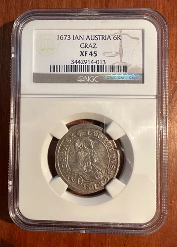 AUSTRIA GRAZ LEOPOLD I  1673-IAN  6 KREUZER SILVER COIN, NGC CERTIFIED XF45