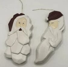 Set of 2 Santas Faux Wood Primitive Folk Christmas Holiday Ornaments 5”
