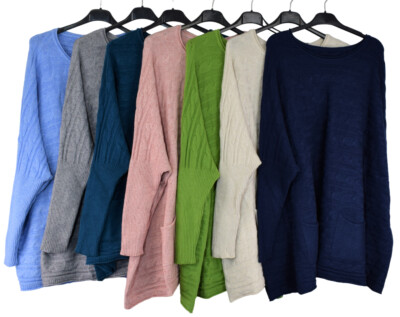 Italienischer kastiger Damenpullover Lagenlook Zopfmuster mit Taschen