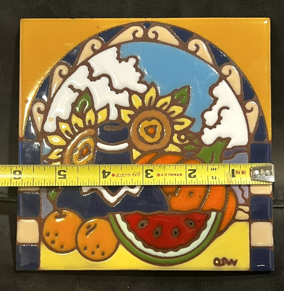 Earthtones "Fruit" Tile Harvest Sunflowers Hand Painted Trivet 6"x6" Signed - Image 4 of 4