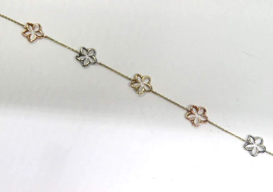 Beautiful Real 14K 3-Color Gold BRACELET with Flowers openwork 7.75" women RCI - Image 2 of 4