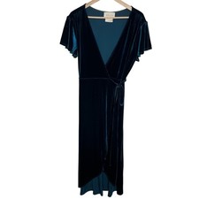 BHLDN Anthropologie Velvet Midi Wrap Dress Womens Large Teal Holiday Cocktail 