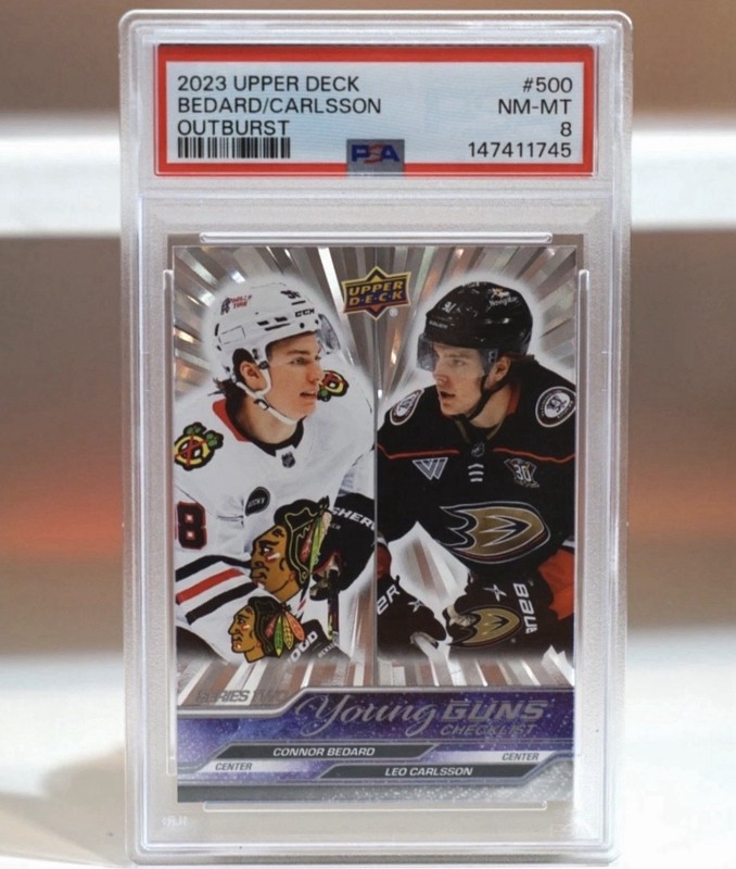 2023-24 Connor Bedard Leo Carlsson Young Guns #500 Outburst PSA 8 