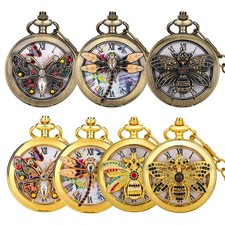 Vintage Elegant Butterfly/Dragonfly/Bee Hollow Quartz Pocket Watch with Chain