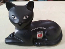 Vintage 1981 Eveready Plastic Black Piggy Bank Save with the Cat Blow Mold