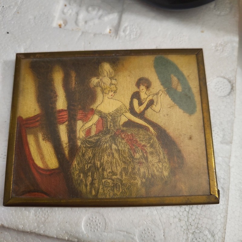 Vintage Romantic Crinoline Lady Parasol Print Powder Compact Brass Frame Deco