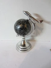 Retro Art Deco Aluminum Airplane on World Globe-10" Tall- Used (231C1)