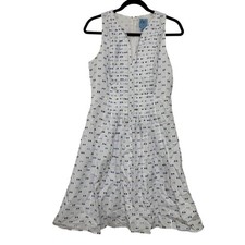 Cece Embroidered Fit & Flare White Blue Cotton Dress Womens Size 4