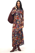 Farm Rio Anthropologie Surreal Artsy Graphic Fitted Maxi Dress Cats Birds XS NWT