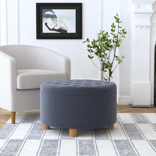 Steel Blue Velvet Round Storage Ottoman with Honey Oak Legs and Tufted Top - Picture 2 of 9
