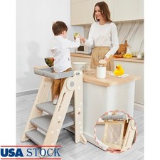Foldable Montessori Toddler Tower Kitchen Stool Adjustable Non-Skid Step Grey
