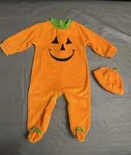 Baby Halloween Pumpkin Velour Costume One Piece Footed Romper with Hat 9M Orange
