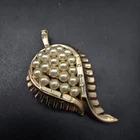 Faux Pearl Rhinestone Leaf Brooch Gold Tone Vintage Costume Jewelry