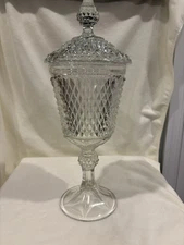 Vintage Tall Diamond Point Apothecary Pedestal Jar with Lid - Indiana Glass