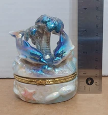 Tropical Trinket Box Palm Tree Dolphin Hinged Lid from Shell World (Fla)
