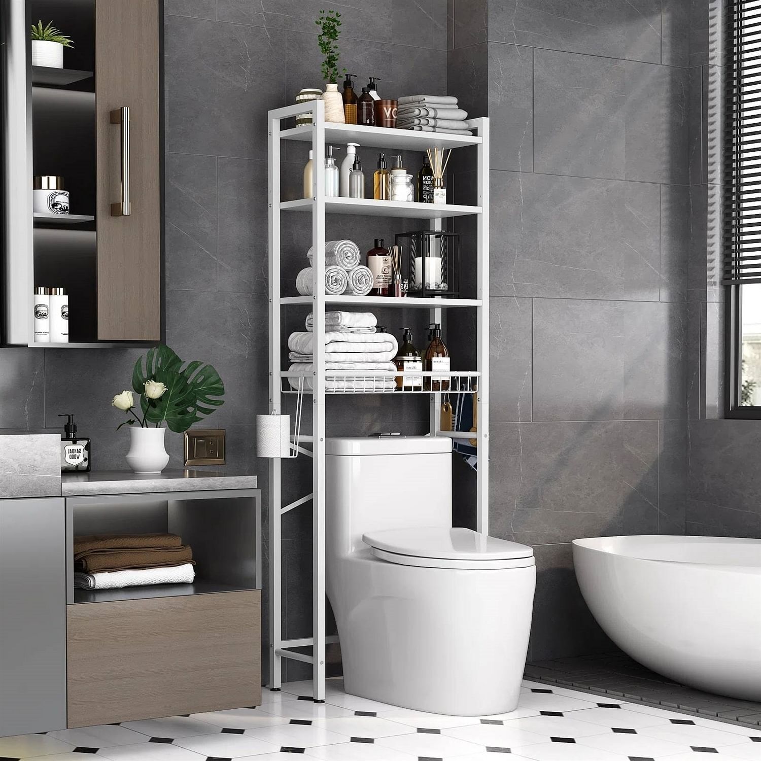 White Freestanding Over-the-Toilet Storage Shelf - Industrial Metal & Wood Design  