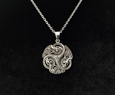 Sterling Silver Celtic Triskele Triple Spiral Triskelion Dragon Pendant  Chain