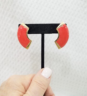 Coral Red Swirl Enamel and Gold Tone Rectangular Swath Stud Earrings