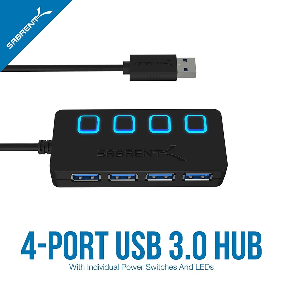 USB Sabrent 4 Port 0 Hub 3 HB Power 2 Switches Individual and LEDs Aluminum Mini - Image 2 of 4