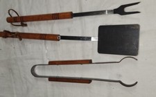 Stainless Wood Handle USA Made Grill Cooking Set Tongs Fork Spatula Vintage