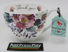 Harvest Green Studio Pink Floral "Thank You" Bone China Tea Cup Mug England NWT