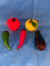 5 Glass Fruits and Vegetables Orange Red Pepper Red Green Chilis Eggplant  Loc C