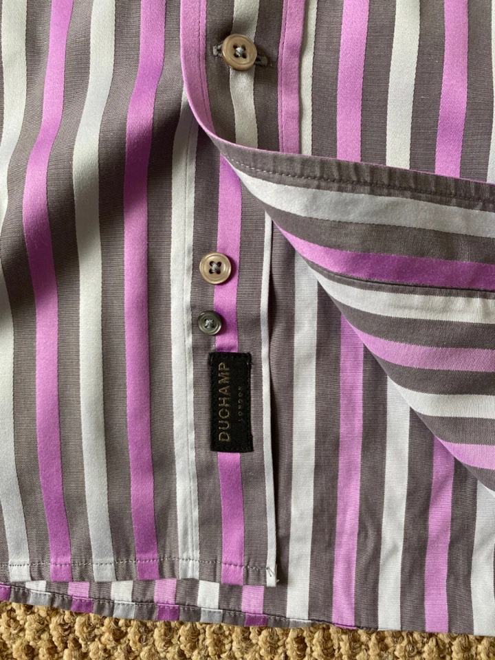DUCHAMP PEWTER / PINK MULTI STRIPE BUTTON CUFF SHIRT 16 - Image 3 of 4