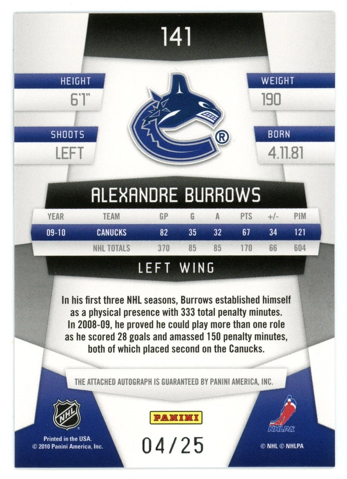2010-11 Panini Certified Alexandre Burrows Auto Gold /25 #141 - Image 2 of 2