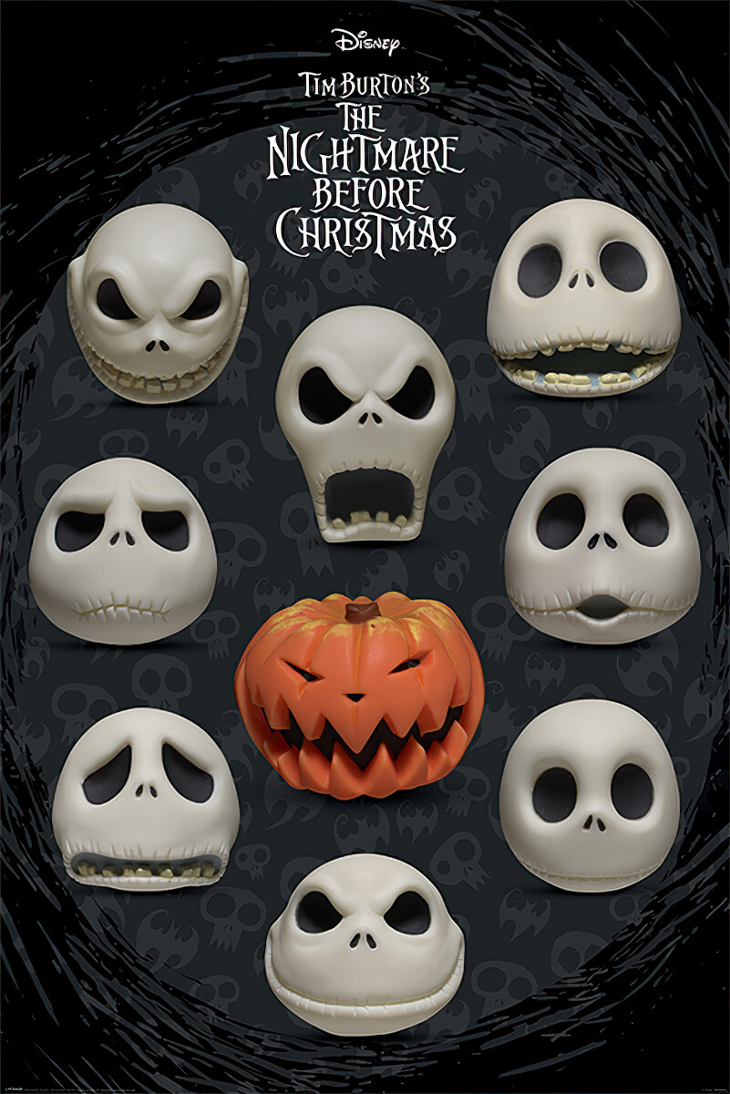 T-shirt Tim Burton The Nightmare Before Christmas – Col V, Taille L, Gris Avec Visages De Jack, Occasion Très Bon état