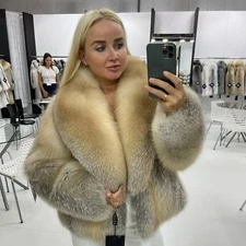 Women Full Pelt Real Golden Island Fox Fur Coat Shawl Collar Genuine Fur Jackets