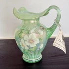 Fenton Willow Green Opalescent Iridescent Hand Painted Pitcher Signed M.Fenton