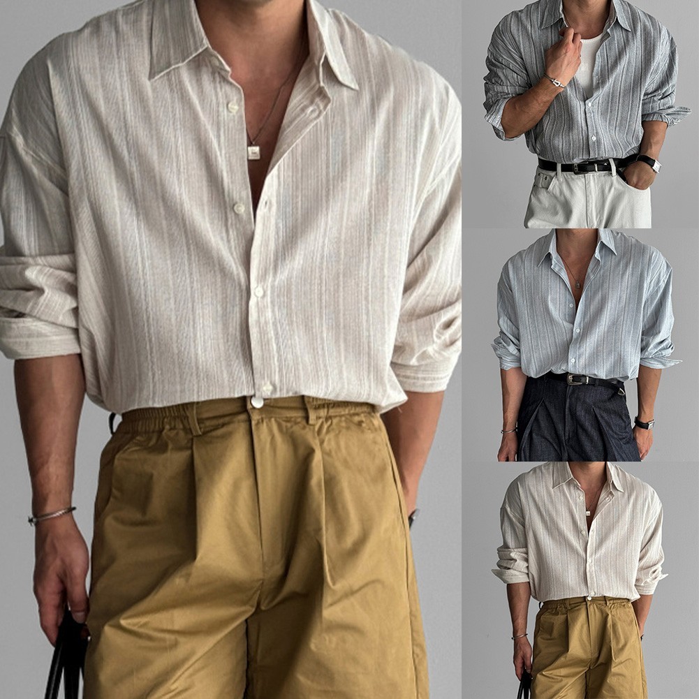 Camisas de manga larga a rayas vintage calce ajustado con diversas opciones de color para hombre