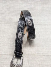 vintage USA made JUSTIN buckle belt TOOLED leather 36 black TEXAS ranger WESTERN