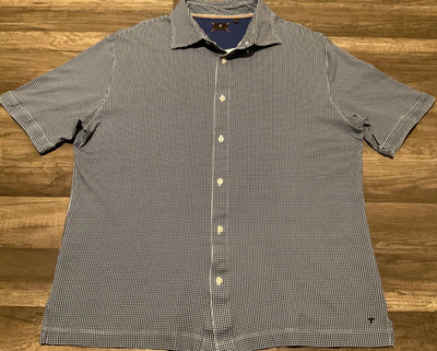 LEFT COAST TEE SURF CAMP BUTTON UP SHORT SLEEVE SHIRT ( MENS L ) BLUE GINGHAM