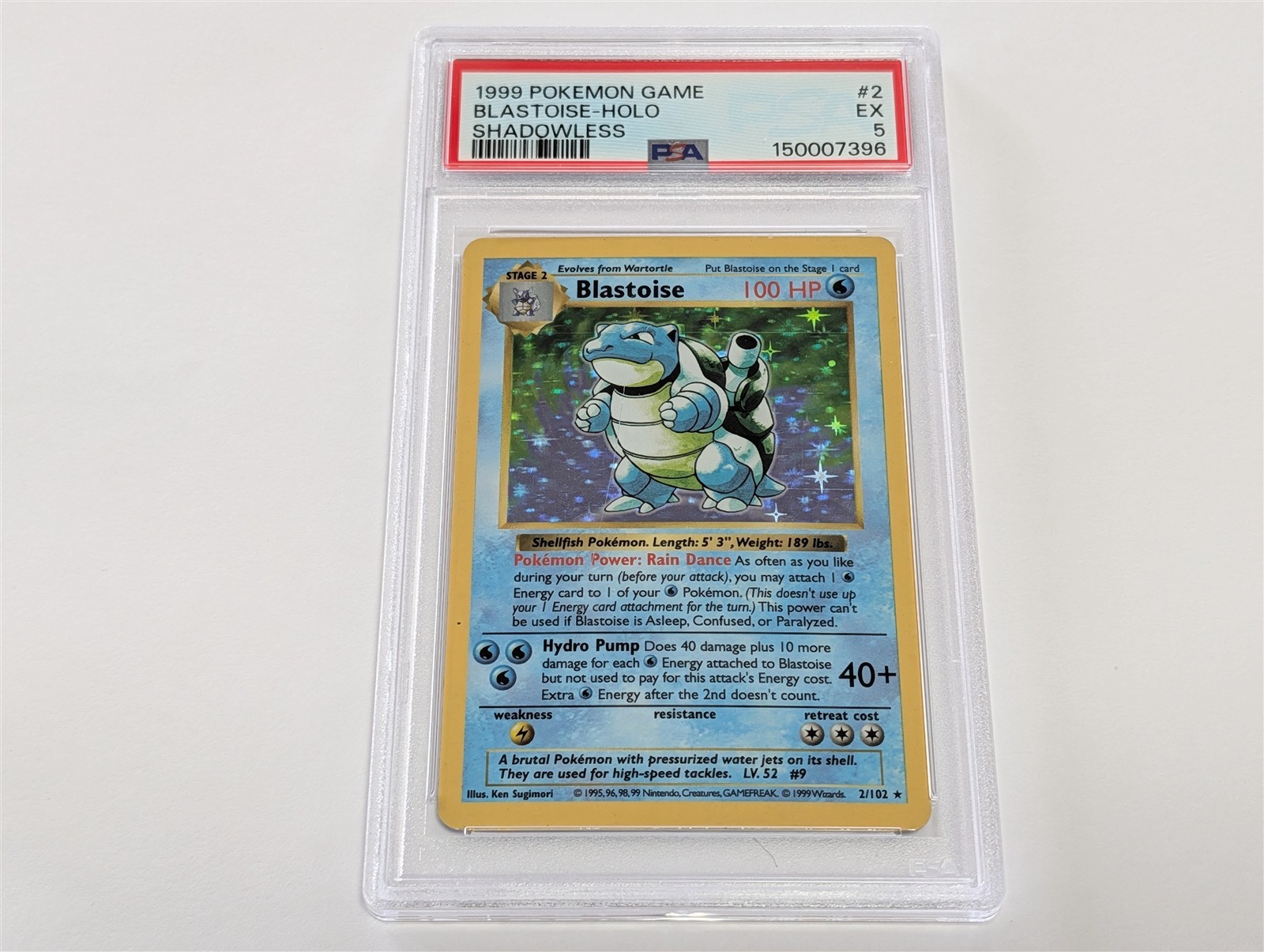 PSA 5 Shadowless Blastoise Holo 2/102 Base Set 1999 Pokemon Card EX WOTC