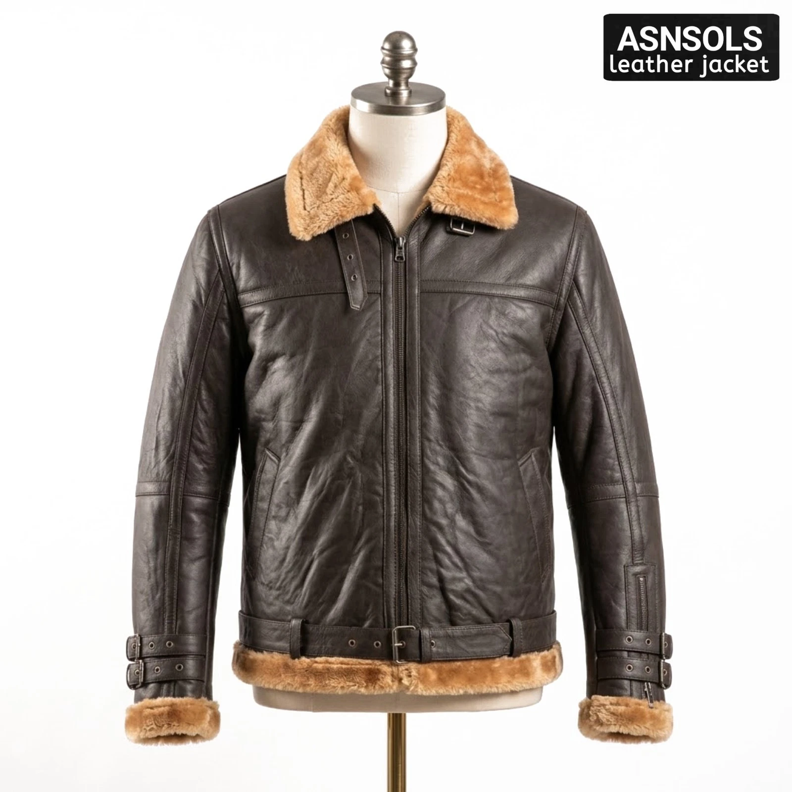 Men's Real Leather Bomber Jacket Brown Shearling Fur Winter Aviator Flight Coat image 1