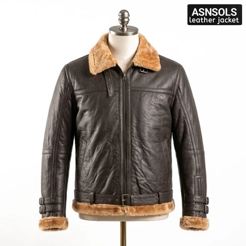 Men's Real Leather Bomber Jacket Brown Shearling Fur Winter Aviator Flight Coat - product listing photo