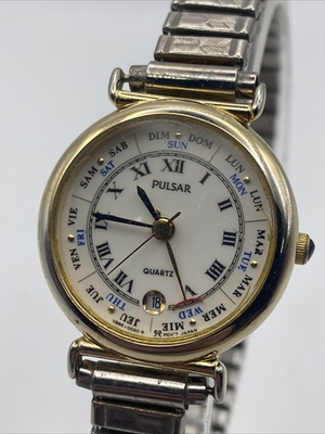 #ad Vintage Seiko Pulsar V896 0020 White Dial Roman Numeral Date Day Men#x27;s Watch $59.99