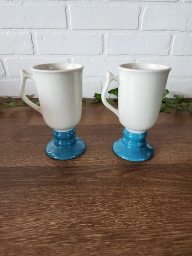 Vintage Hall Footed Pedestal Irish Coffee Mug #1273 USA Blue & White Set of 2