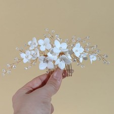 Handmade Bridal Hair Comb with White Resin Flowers Pearl and Rhinestone Accen...