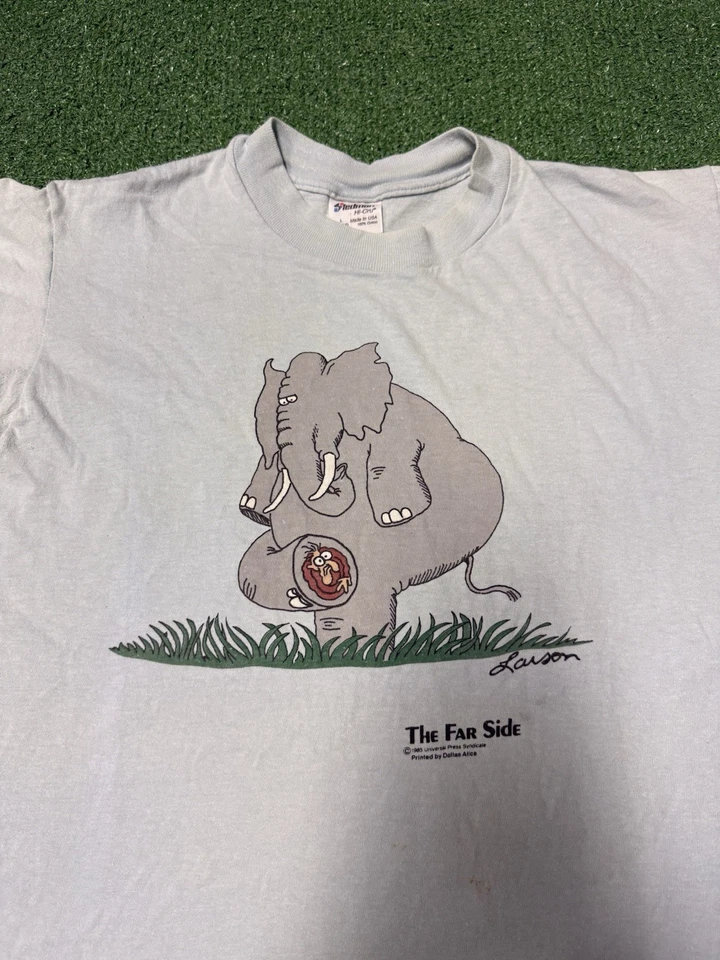 Винтажная мужская футболка 80-х The Far side Elephant большая синяя Gary Larson винтажная с маркировкой - Изображение 2 из 4