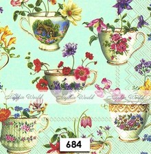 684 TWO Individual Paper LUNCHEON Decoupage Napkins - FLOWERS CUPS TEACUPS