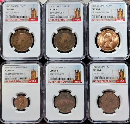 Lot of (6) NGC Certified Coins from Great Britain - Penny, 6 Pence, & Florin